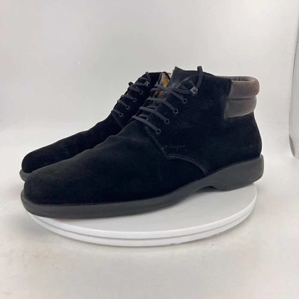 Salvatore Ferragamo Men Size 10D Black Suede Brown Leather Lace Up Ankle Boot